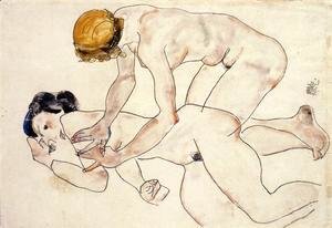 Egon Schiele - Two Female Nudes  One Reclining  One Kneeling Aka The Friends